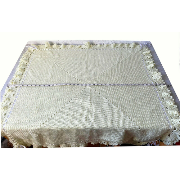 Baby Blanket Afghan Hand Knit Crocheted Soft Yellow with White Ribbon Homemade - Picture 10 of 11
